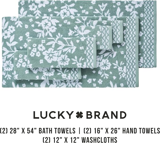 Lucky Brand Folk Floral 6 Piece Bath Towel Set - (2) Bath Towels, (2) Hand Towels, and (2) Washcloths - Iceberg Green Premium Bathroom Towel Set
