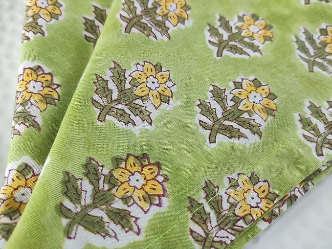 Craftbot Soft Washable Thin Cotton Dinner Napkins 18x18 inches - Set of 6 - Everyday Use or Dinner Party and Events - Green and Yellow Floral Lightweight Indian Block Print Fabric
