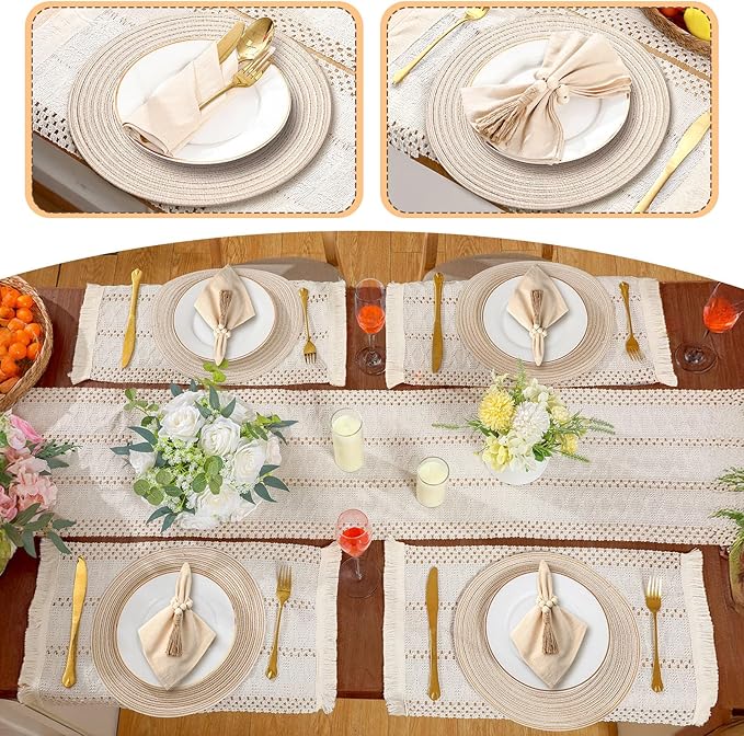 4 Sets Boho Place Mats Set Round Woven Placemats, Cloth Napkins, Wood Bead Napkin Rings, White Table Runner with Tassel and Farmhouse Rustic Placemats Cotton Burlap for Kitchen Table Decor
