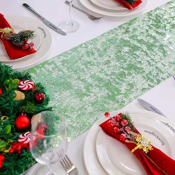Snowkingdom Sage Green Table Runner, Sequin Glitter Foil Metallic Sage Green Mesh Spring Table Runner 11inch x 240inch,Table Decorations for Party Wedding Bridal Birthday Shower Christmas