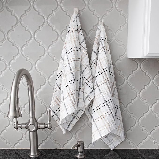 Ritz Royale Collection 100% Combed Terry Cotton, Highly Absorbent, Oversized Checked Kitchen Towel Set, 28" x 18", 2-Pack, Latte Brown