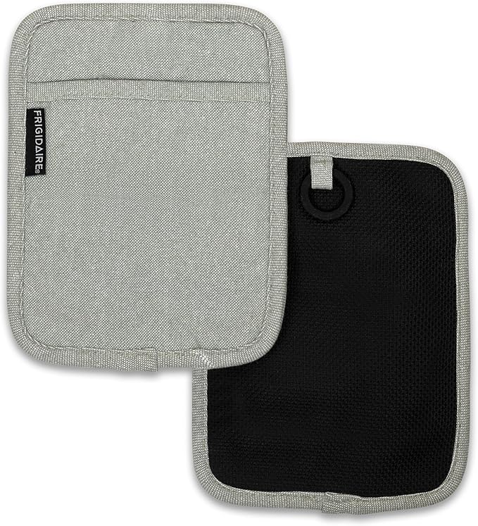 Frigidaire Sasha 2-Pack Cotton and Neoprene Pot Holders, Heat Resistant, Anti-Slip, Machine Washable, 7" x 9", Grey, Set of 2