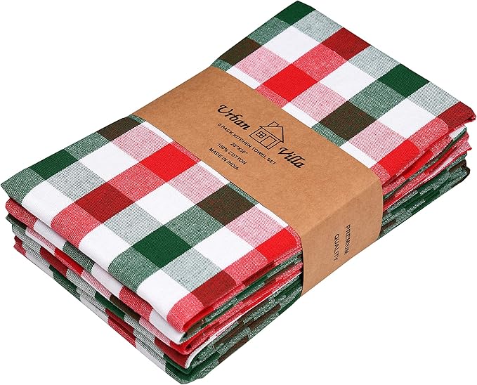 Urban Villa Christmas Kitchen Towels 100% Cotton Dish Towels for Kitchen (Set of 6) 20”x30” Dish Cloths Absorbent Kitchen Linen Set with Hanging Loop Perfect for Drying Dishes Cleaning – X MAS Checks
