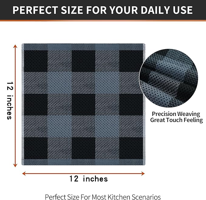 Homaxy 100% Cotton Waffle Weave Check Plaid Dish Cloths, 12 x 12 Inches, Super Soft and Absorbent Dish Towels Quick Drying Dish Rags, 6-Pack, Black & Grey