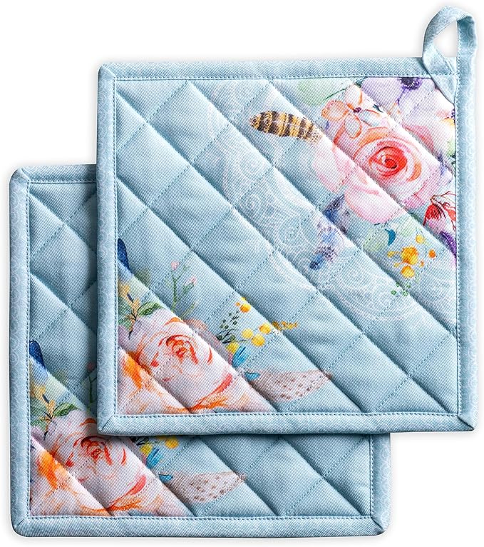 Maison d' Hermine Pot Holders 100% Cotton Heat Resistant Potholders 8" x 8" Hot Pads with Loop BBQ Cooking Baking Gifts for Mothers Day Handling Hot Pans Spring/Summer (Pack of 2, Ibiza - Blue)