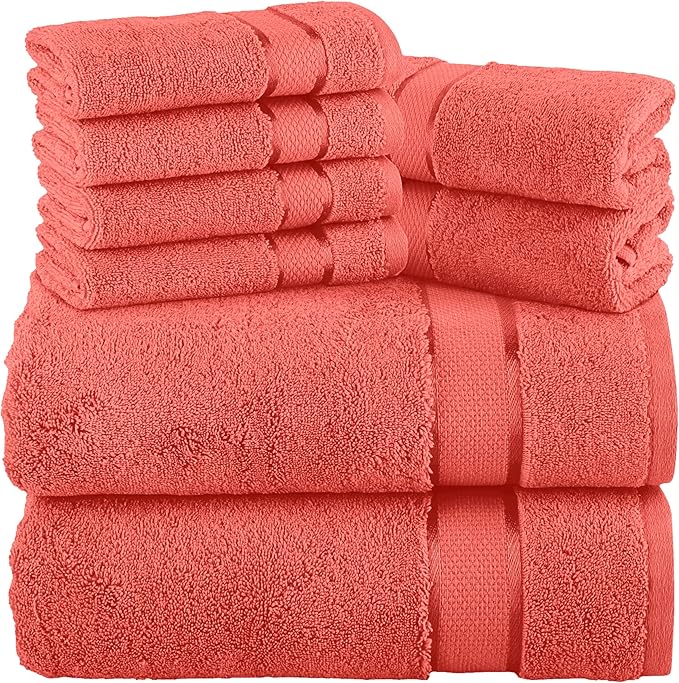 Elegant Comfort Premium Cotton 8-Piece Towel Set, Includes 4 Washcloths, 2 Hand Towels and 2 Bath Towels, 100% Turkish Cotton - Highly Absorbent and Super Soft Towels for Bathroom, Coral