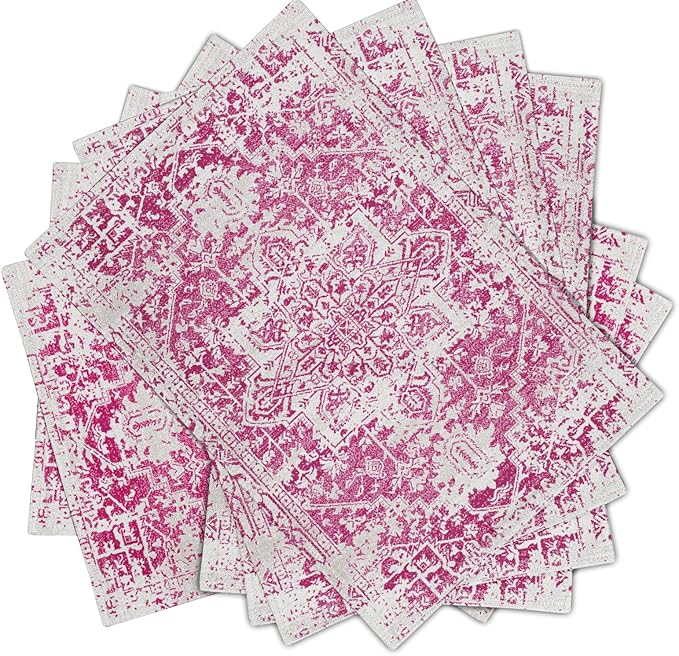Gray Hot Pink Boho Placemats Set of 6 Ethnic Bohemian Carpet Place Mats Washable Kitchen Dining Vintage Grey Geography Floral Linen Table Mats Stain Heat-Resistant for Home Party Indoor 12x18 in