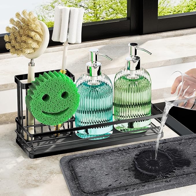 Galasily Sink Caddy Organizer with Water Absorbing Stone Tray, Instant Dry Sponge Holder Smiley Face, Dish Brush Holder for Countertop, Kitchen Storage Accessories and Organization Essentials (Black)