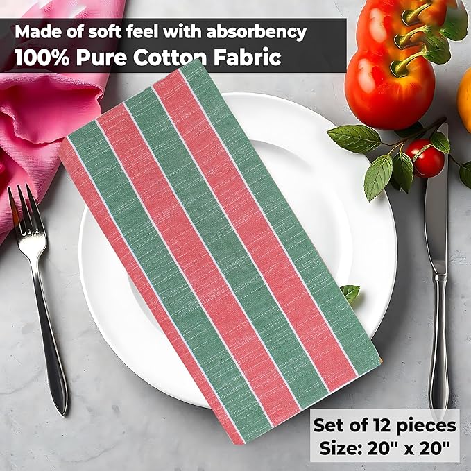 Urban Villa Christmas Cloth Napkin Xmas Stripes Dinner Napkins Set of 12 Red Green White 100% Cotton Reusable Washable Absorbent Soft Cloth Napkins 20”X20”Ideal for Everyday Use Christmas Parties
