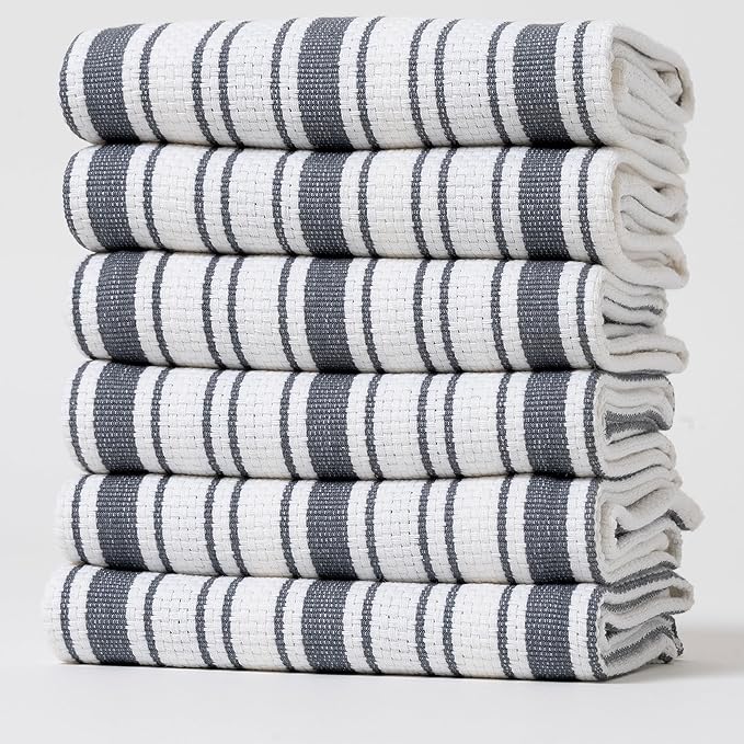 Kitchen Towels Set – Pack of 6 (20’’ x 30’’) Extra Large Premium Cotton Dish Towels for Kitchen – Basket Weave Towels – Absorbent – 100% Cotton – with Hanging Loop – Dark Grey