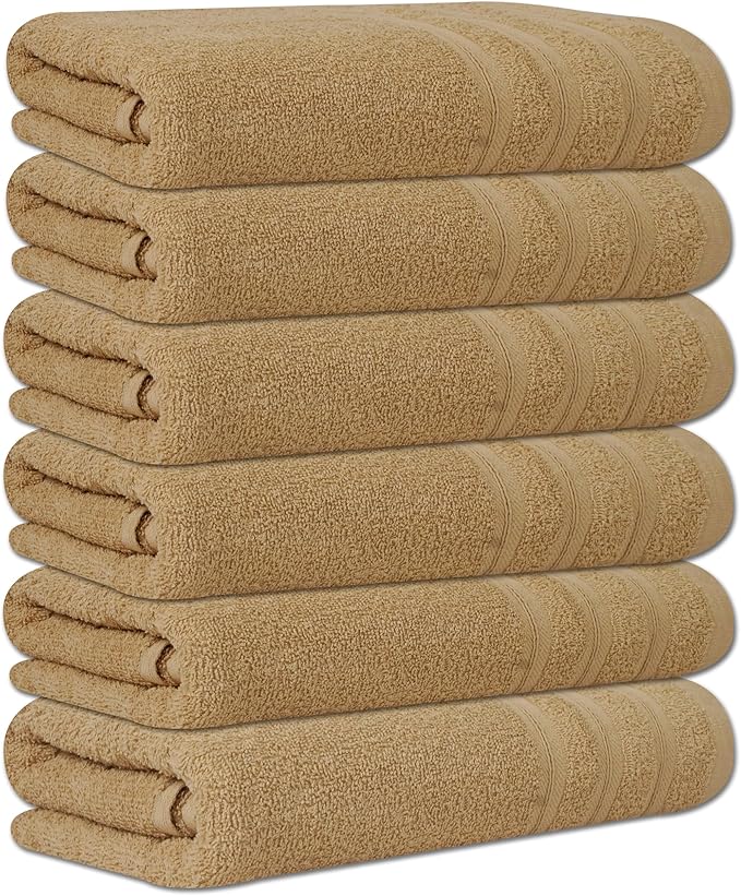 Large Bath Towels Set of 6 – 24" x 50" – 100% Cotton Terry – Durable, Soft & Quick Dry – Beige Multipurpose Towels for Bathroom, Gym, Spa, Pool & Daily Use