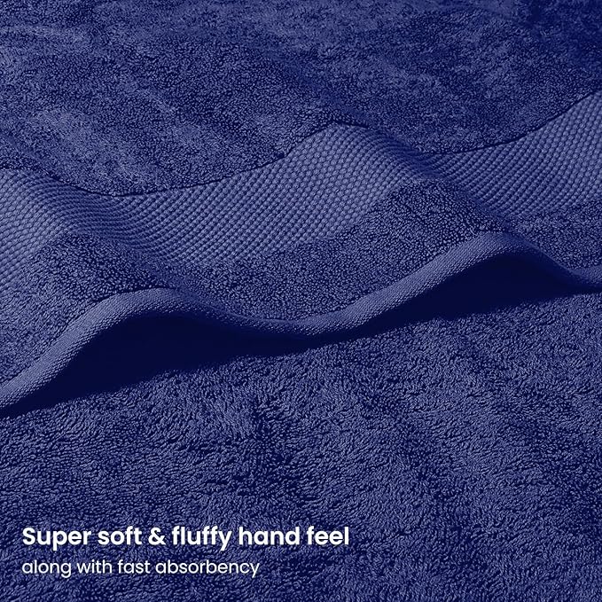 BIOWEAVES 100% Organic Cotton Bath Towel Set | 700 GSM Plush 6-Piece Premium Towel Set GOTS Certified, 2 Bath Towels, 2 Hand Towels & 2 Washcloths - Navy Blue