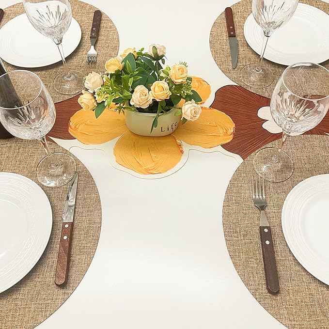 SLOW COW Round Place Mats Set of 4 Linen Placemats for Dining Table Machine Washable 15 inches Natural Linen