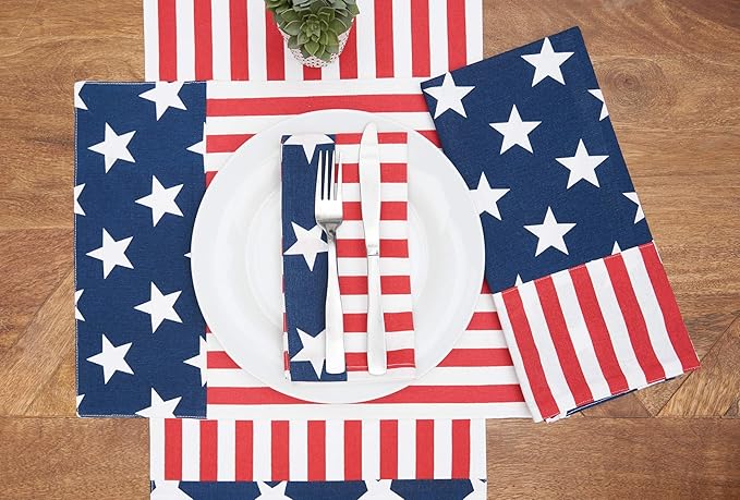 C&F Home Stars and Stripes Napkin Reversible Cotton Dinner Cloth Napkin U.S.A. 4th of July Set of 6 Independence Day Memorial Day Patriotic American Americana Napkin Set of 6 Red