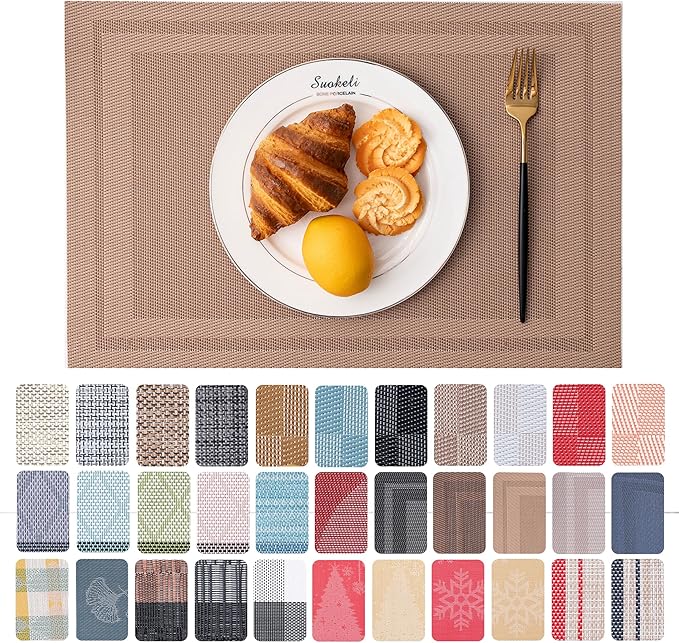 CADONO Placemats Set of 6 Washable Indoor/Outdoor Vinyl Place Mats for Dining Table Durable Non-Slip Heat Resistant PVC Weave Table Mats（Simple Style-Light Brown）