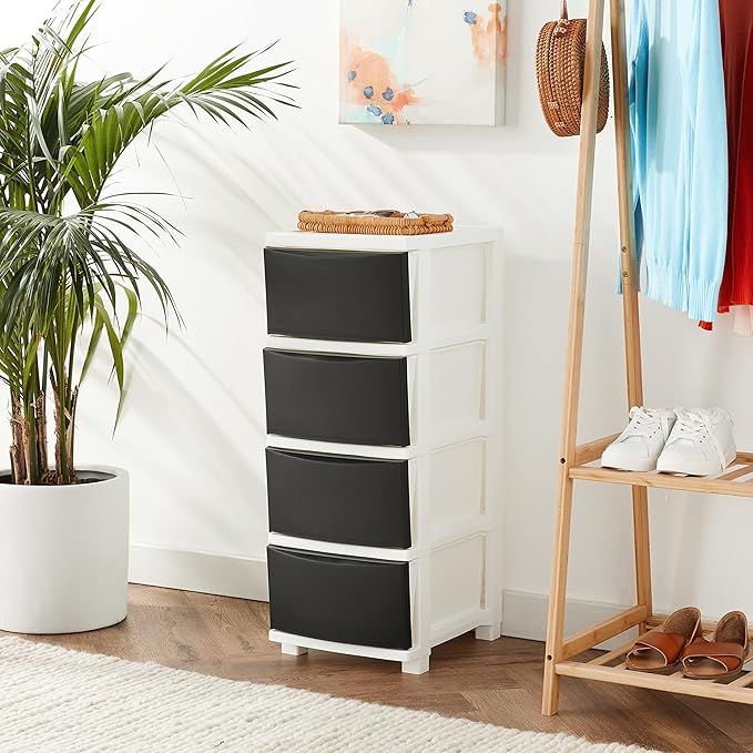 IRIS USA Plastic Drawer Storage Organizer, 4-Drawers, for Classroom Art Supplies Bathroom Dorm Bedroom Laundry Room, Slim Narrow, White Frame with Matte Black Front Panels