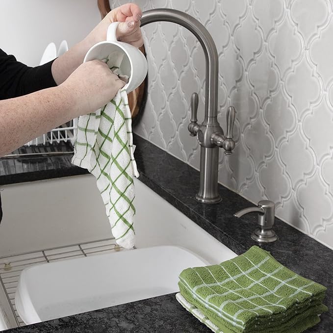 Ritz Premium 3-Pack Kitchen Towel & 6-Pack Dish Cloth Set - Highly Absorbent, Super Soft, Long-Lasting, 100% Cotton Terry Drying Cleaning Cloths, Cactus Green
