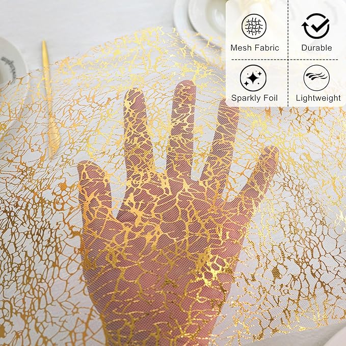 Snowkingdom 20Ft Gold Table Runner, Golden Glitter Foil Metallic Thin Mesh Cracked Runner Roll 11"x240", Gold Table Decorations for Wedding Birthday Fall Thanksgiving Christmas Party Chair Sashes