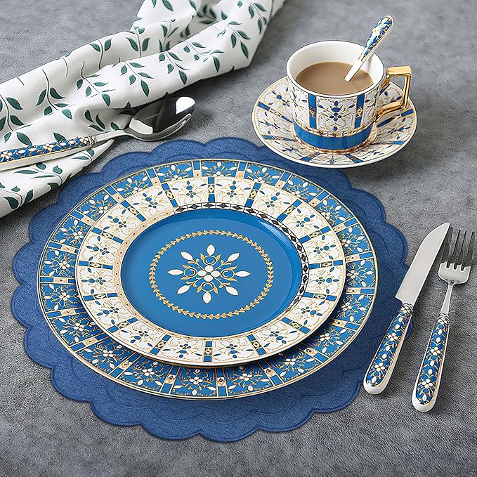 Set of 6 Dark Blue Cotton Linen Placemats, 15x15 Scalloped Flower Embroidery Cloth Table Mats Double Layered Fabric Machine Washable Wrinkle Free Dining Placemat for Hotel Restaurant Kitchen Decor