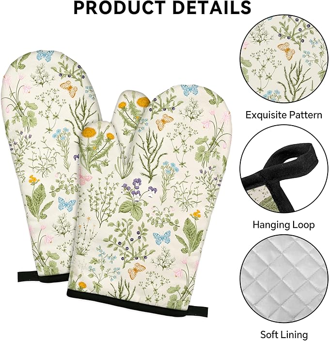 Vintage Wild Floral Oven Mitts and Pot Holders Sets Green Botanical Butterfly Kitchen Oven Gloves Hot Pads Farmhouse Potholders and Kitchen Mitts 4Pcs for Baking Cooking BBQ (Beige)