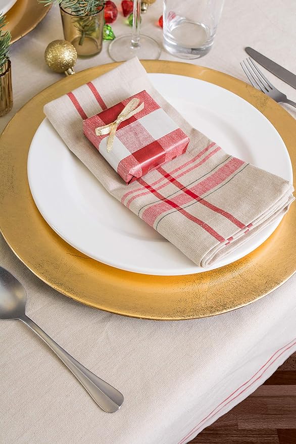 DII French Stripe Tabletop Collection Farmhouse Style Dining Table Linen Napkin Set, 20x20, Taupe/Red, 6 Piece