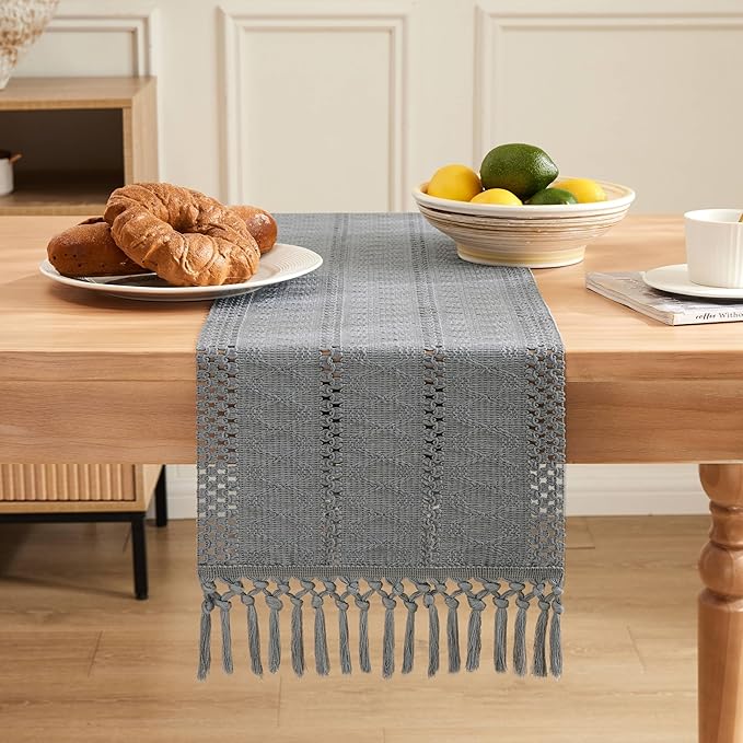 ZeeMart Macrame Style Boho Table Runner, Blue Grey Table Runners 60 Inches Long, Farmhouse Woven Home Decor, 12x60 Inch, Light Blue Grey