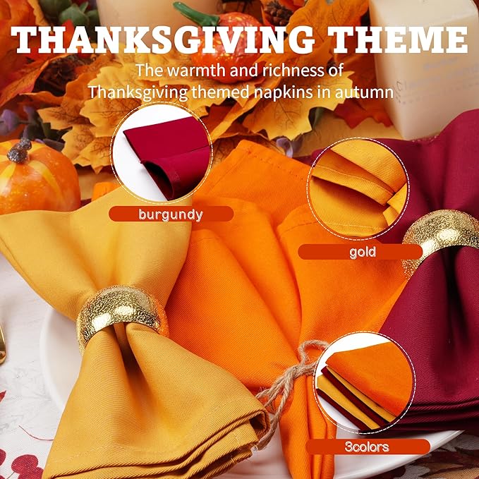 Fall Cloth Napkins,100% Cotton Dinner Napkins Set of 6.Thanksgiving Decorations Gifts for Table Decor. Washable Reusable Thick. 2 Burgundy red,2 Orange,2 Harvest Gold.18by18(Tricolor)