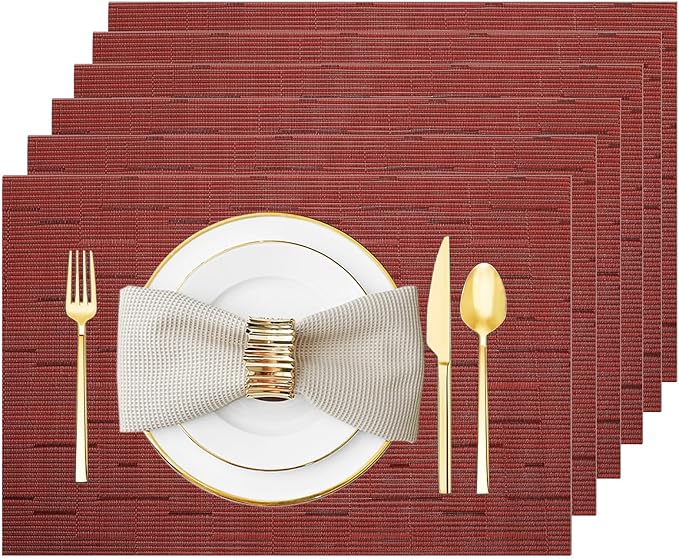 Placemats Set of 6 Washable&Wipeable Place mats for Dining Table Kitchen Indoor Outdoor Table Mats Heat Resistant Non Slip Woven Vinyl Table Placemats (Red，6PCS)