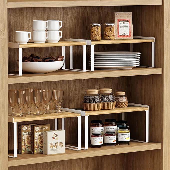 Goozii Kitchen Cabinet Organizer Shelf Set of 4, Large Stackable Pantry Cupboard Countertop Storage and Organizer, Desk Shelf Riser, Spice Plate Cup Expandable Storage Rack (Bamboo White)