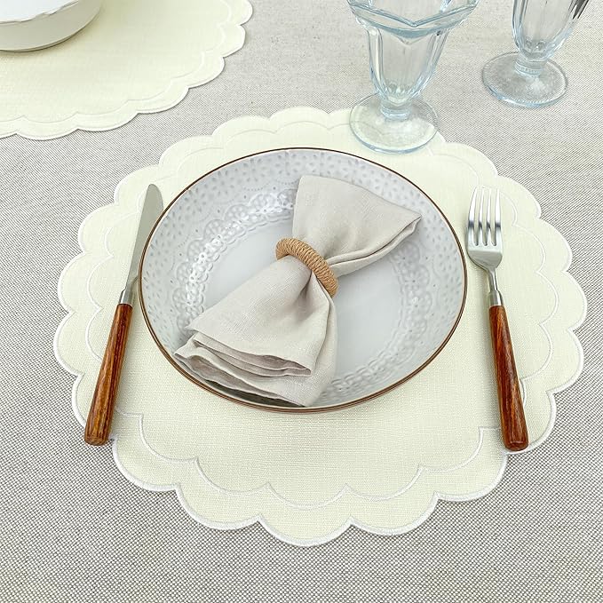 Linen Cotton Placemats Set of 4 Scalloped Flower Embroidery Place Mats 15'' Natural Linen Texture Fabric Machine Washable Table Mats for Restaurant Kitchen,Table Decor(Butter Yellow)