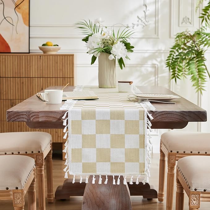 Ohocut Beige Checkered Table Runner with Tassel Farmhouse Rustic Vintage Aesthetic Cute Retro Cotton Linen Table Runner 72 Long for Dinning Race Party Decoration 13''x72''