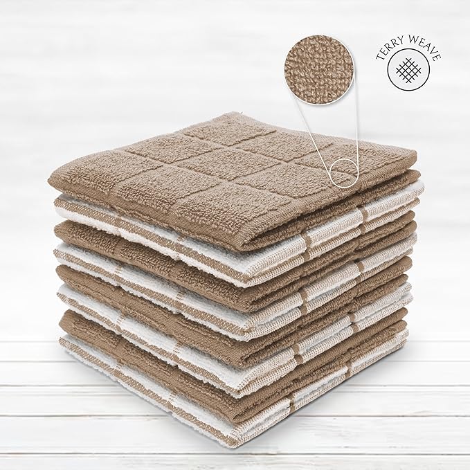100% Cotton Terry Dish Cloth & Dish Towel, 8 Pack, Super Soft and Absorbent Kitchen Towels, Perfect for Kitchen Cleaning and Dish Washing (TAN (Solid and Checks) 8 Pack)