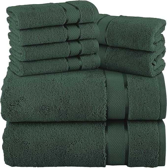 Elegant Comfort Premium Cotton 8-Piece Towel Set, Includes 4 Washcloths, 2 Hand Towels and 2 Bath Towels, 100% Turkish Cotton - Highly Absorbent and Super Soft Towels for Bathroom, Hunter Green