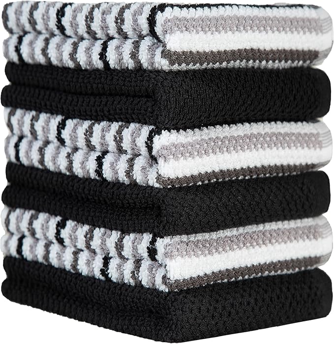 Premium Kitchen Towels (16”x 26”, 6 Pack) | Large Cotton Kitchen Hand Towels | Popcorn Striped Design | Dish Towels | 430 GSM Highly Absorbent Tea Towels Set with Hanging Loop | Black