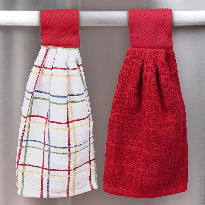 Ritz Premium 100% Cotton Solid and Multi Check Kitchen Tie Towel, Absorbent, Super Soft, and Fast Drying Hang Towel, Set of Two, Paprika Red
