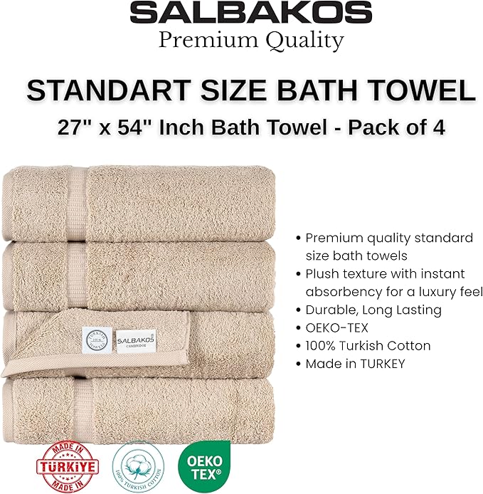 SALBAKOS 100% Turkish Cotton Bath Towels | 4 Piece Turkish Bath Towels Taupe 27x54 in Standard Size | Premium Hotel Quality, Super Absorbent, Thick & Plush Turkish Bath Towel (Taupe, 4 Bath Towels)