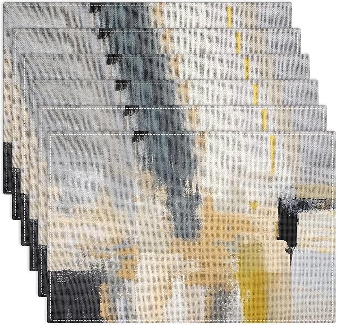 Emvency Farmhouse Placemats Set of 6, Modern Neutral Mustard Minimalist 12x18 Inch Linen Rectangular Place Abstract Beige Table Mats for Indoors & Outdoor Home Party Kitchen Dining Decoration