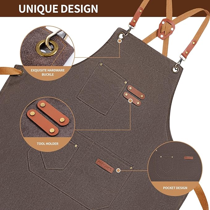 Chef Aprons for Men Women with 4 Large Pockets, Cotton Canvas Cross Back Adjustable Apron for Work grilling kitchen gardening