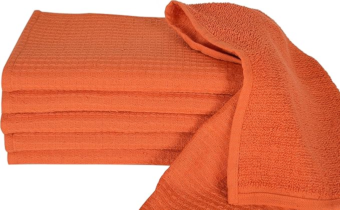 Dish Towels|Kitchen Dish Cloths Two-Sided Waffle Terry|13x28 Inches 100% Cotton Dish Rags Washing Dishes|Super Absorbent Reusable Quick Drying Dish Towels| 6-Pc Set Orange