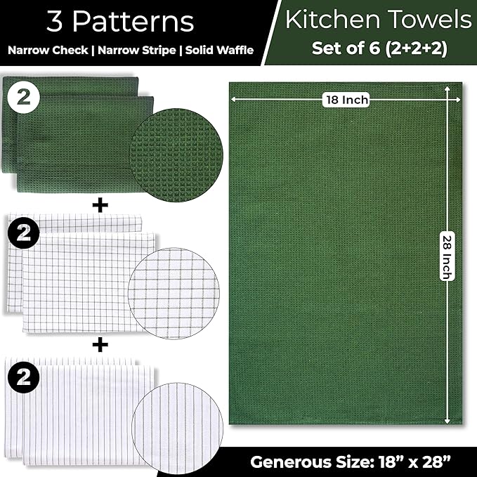 Highly Absorbent Cotton Kitchen Towels for Drying Dishes - Set of 6 Dish Towels - Narrow Sage Green Stripes Plaid Waffle Dishtowels - 18"X28" Large Lint Free Linen Tea Hand Bulk T Towls