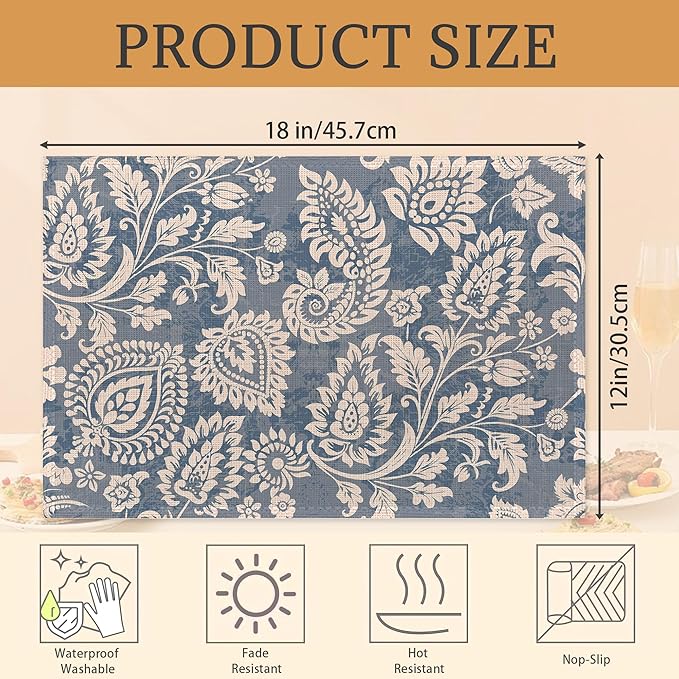 Boho Paisley Floral Placemats Set of 6 Washable Table Mats for Kitchen Dining Table,Heat-Resistant Place Mats for Indoor Outdoor Party Holiday Decoration