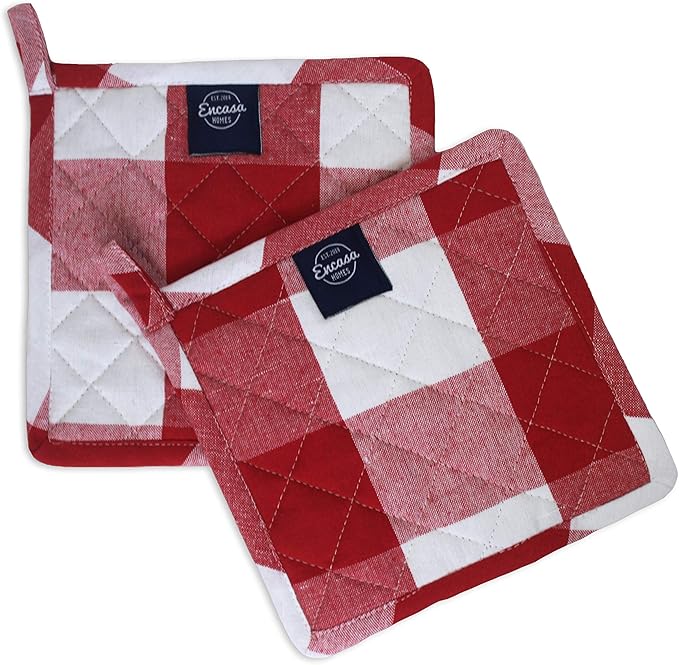 Encasa XO 8 inches Oven Microwave Potholders (2 pc Set) for Kitchen Cooking & Baking - Heat Resistant, Thick & Safe, Protection of Hands from Hot Utensils - Buffalo Red Checks