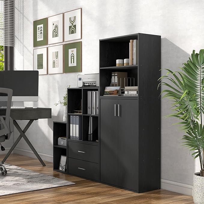 Homes: Inside + Out Apexa 3-Tier Stackable Wood Bookcase with Doors, Cube Storage Organizer Shelves, Small Food Pantry Cabinet, Dorm Teen Room Decor & Bedroom, Home Office, Kitchen, Black