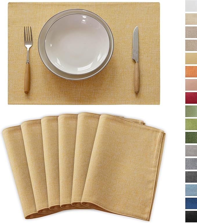 Demetex Placemats Set of 6 Yellow Linen Table Mats Heat Resistant Cloth Place Mats for Dining Room Kitchen Tables, Yellow