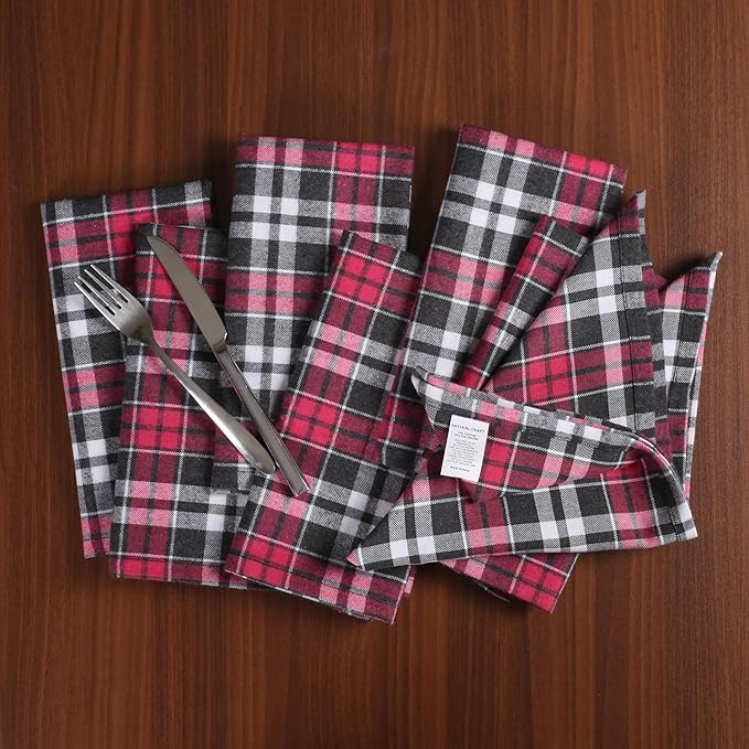 NATURALCRAFT Dinner Cloth Napkin Cotton LinenBlend Fabric Mitered Corners for Every Day Use Napkins are Pre Shrunk and Good Absorbency Yarn Dyed Check (18x18, Multi Color Check (Fuchsia Black))