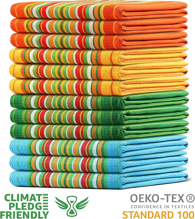 Urban Villa Kitchen Towels 100% Cotton Dish Towels for Kitchen(Set of 12)20”x30” Dish Cloths Highly Absorbent Kitchen Linen Set with Hanging Loop Perfect for Drying Dishes Cleaning Towels -Multi Color