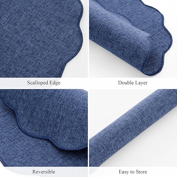 SHACOS Scalloped Round Placemats Set of 6 Polyester Linen Blend 15 inch Washable Non Slip Place Mats Easy Clean Heat Resistant Table Mats for Kitchen Dining Table Decor, Navy Blue
