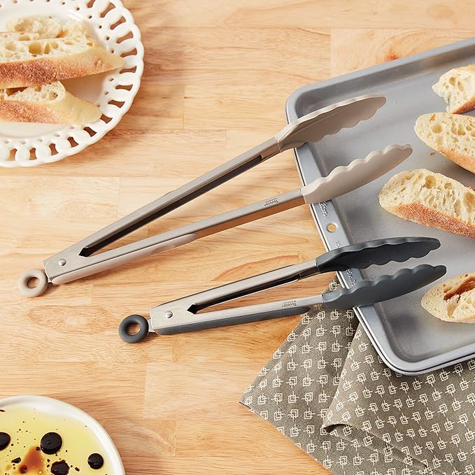 Tovolo Stainless Steel Tongs with Silicone Tip Set 9" 12" with Easy Lock Mechanism for Grilling Air Fryer Cooking Serving Salad, Heat Resistant Silicone Tipped Kitchen Tongs Warm Gray Charcoal Gray