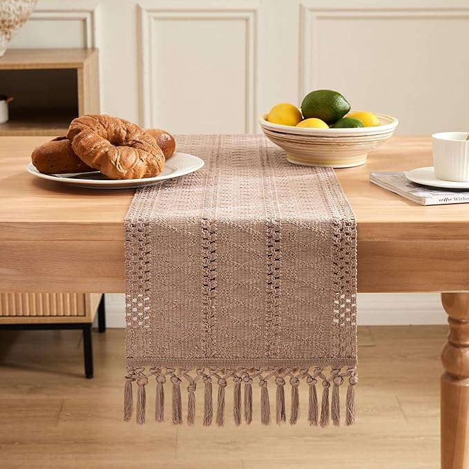 ZeeMart Macrame Style Boho Table Runner, Taupe Table Runners 48 Inches Long, Farmhouse Woven Home Decor, 12x48 Inch, Taupe