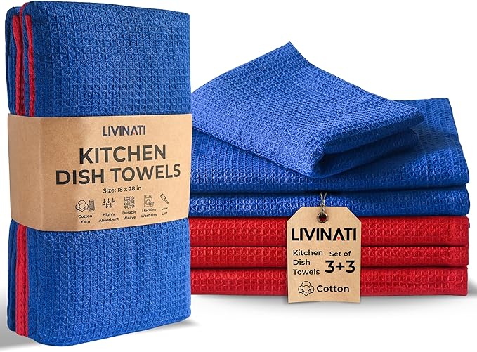 Highly Absorbent Cotton Dish Towels for Drying - Set of 3+3 - Royal Blue + Red Kitchen Towels - 18"X28" Lint Free Waffle Weave Cloth Linen Hand Bathroom Bulk Dishtowels